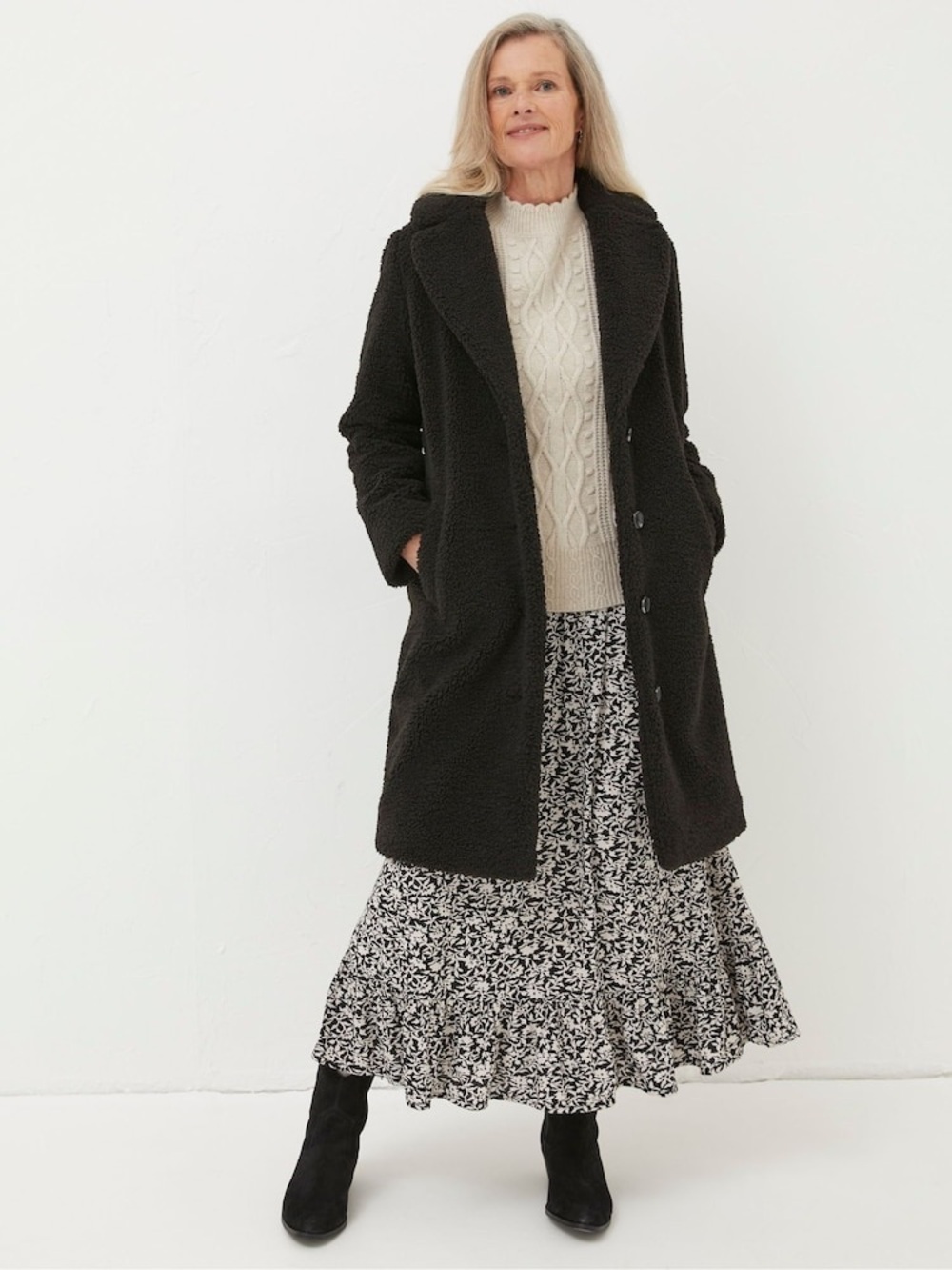 Fat Face Black Mylah Teddy Longline Coat Size 16